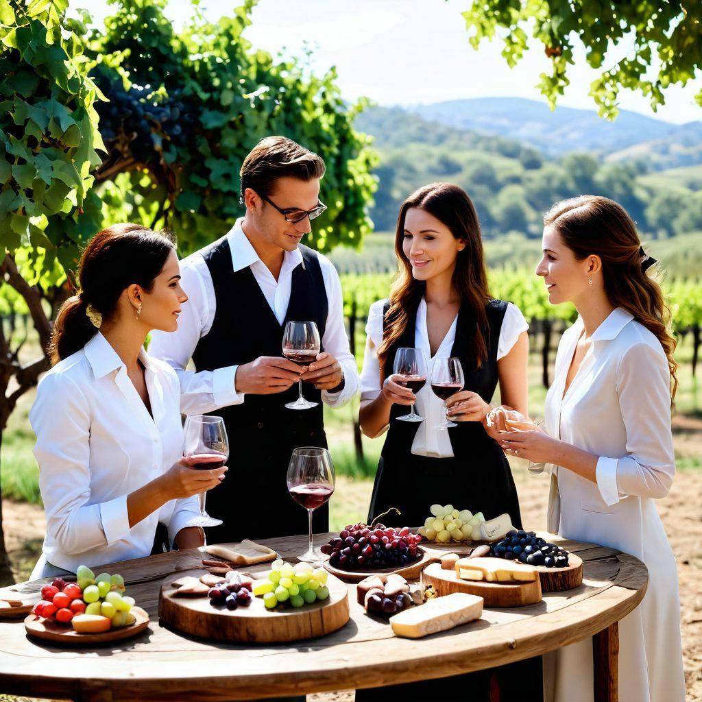 A sophisticated wine tasting scene featuring elegantly dressed sommeliers in a luxurious vineyard setting. Glasses filled with various wines that catch the sunlight, showcasing rich hues of red, white, and rosé. A rustic wooden table with wine tasting notes and artisanal cheese platters, surrounded by lush grapevines in the background. The ambiance should evoke warmth and expertise, inviting the viewer to indulge in the art of wine tasting. super-realistic. vibrant colors. 3D.