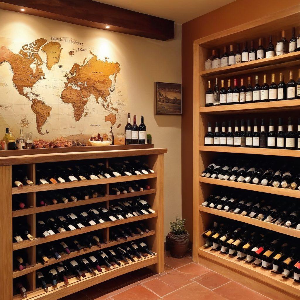 A beautiful wooden wine rack filled with an array of wine bottles, each labeled with different regions and type of wine. In the foreground, a knowledgeable sommelier is elegantly pairing selections with gourmet cheeses and artisan bread. The background features a cozy wine cellar ambiance with warm lighting and wooden barrels. Add wine tasting notes and map of regions subtly in the backdrop. super-realistic. warm colors. soft focus.