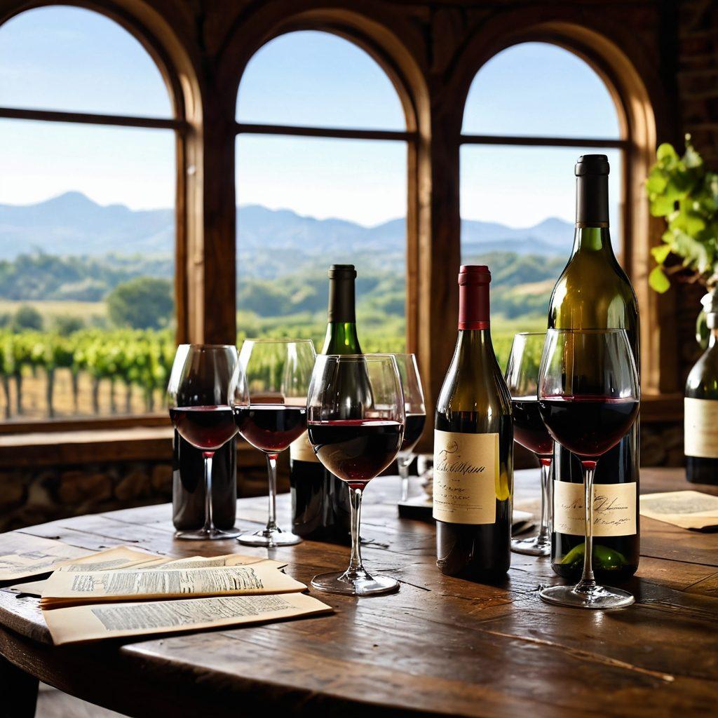 A sophisticated wine tasting scene featuring vintage wine bottles elegantly displayed on a rustic wooden table. A skilled sommelier passionately explaining wine notes to an engaged audience, with soft ambient lighting creating a warm atmosphere. Include vibrant wine glasses filled with rich red and white wines. Lush vineyard scenery visible through a large arched window in the background. super-realistic. vibrant colors. warm lighting.
